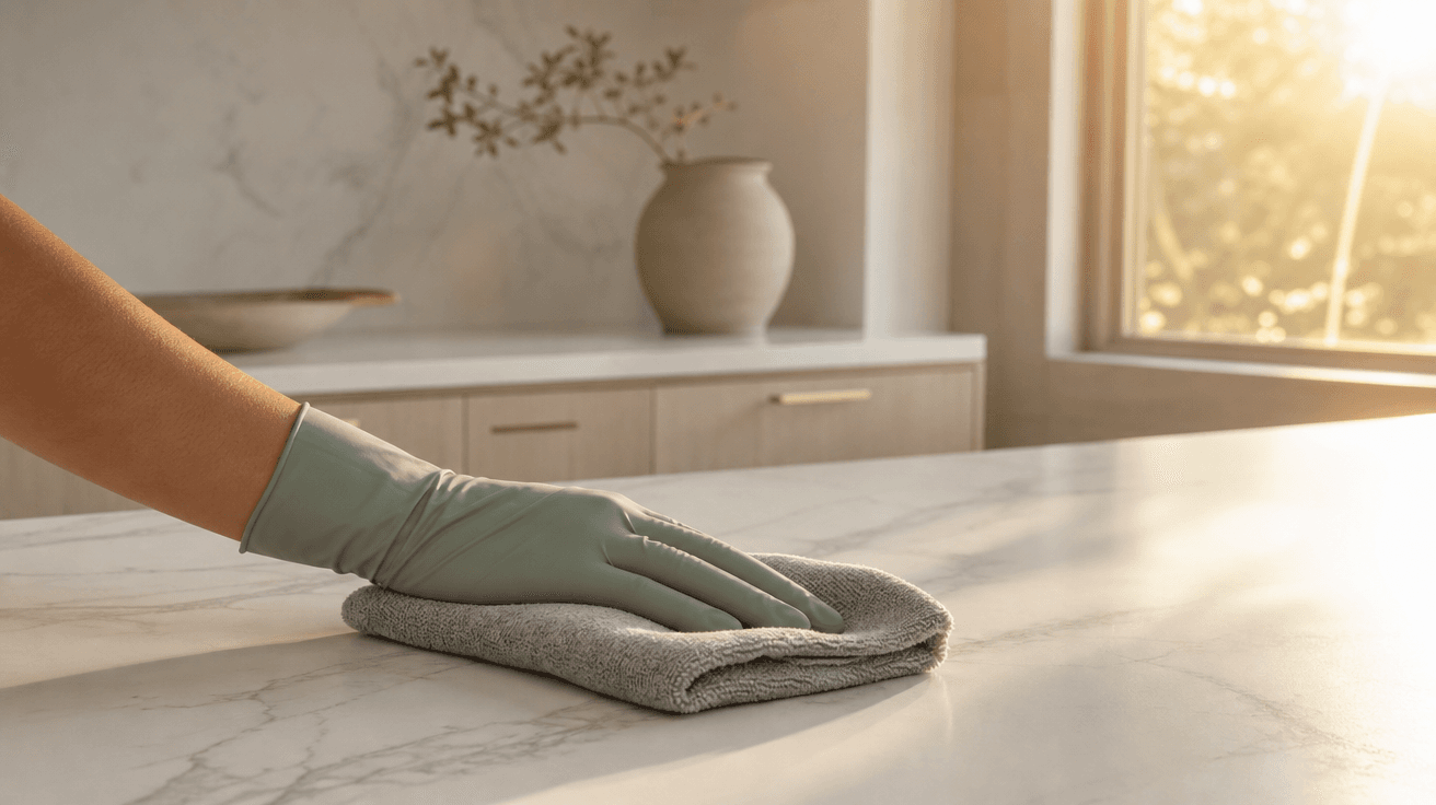 A sage-gloved hand polishing a marble countertop in warm afternoon light