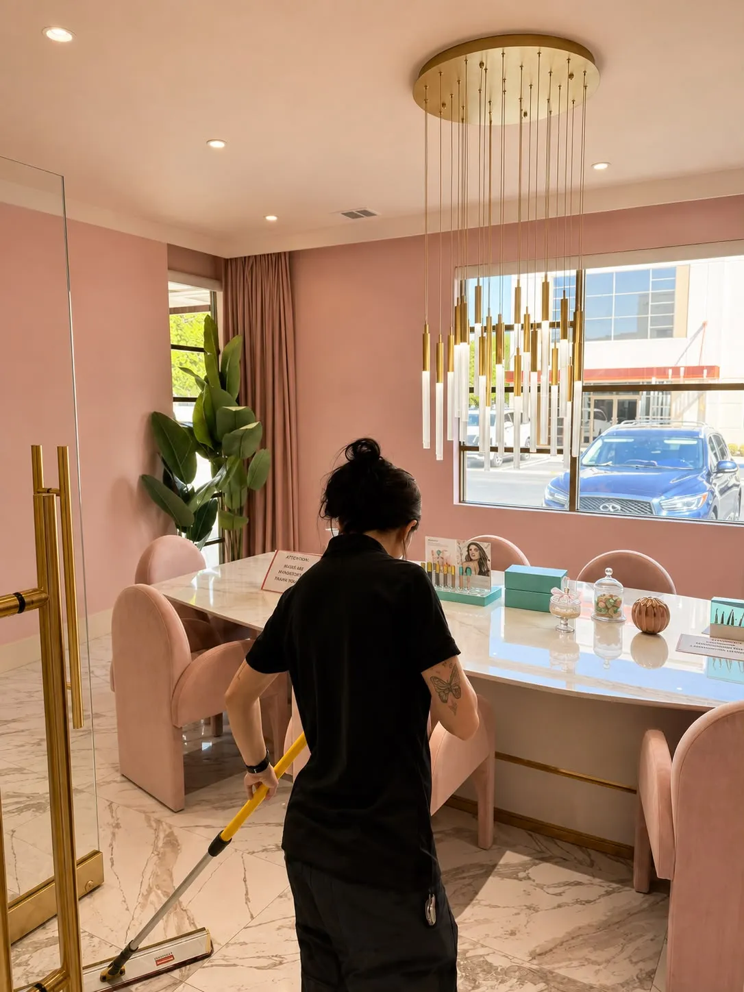 Gabby dust-mopping the marble floor of a designer beauty studio lounge in Newport Beach