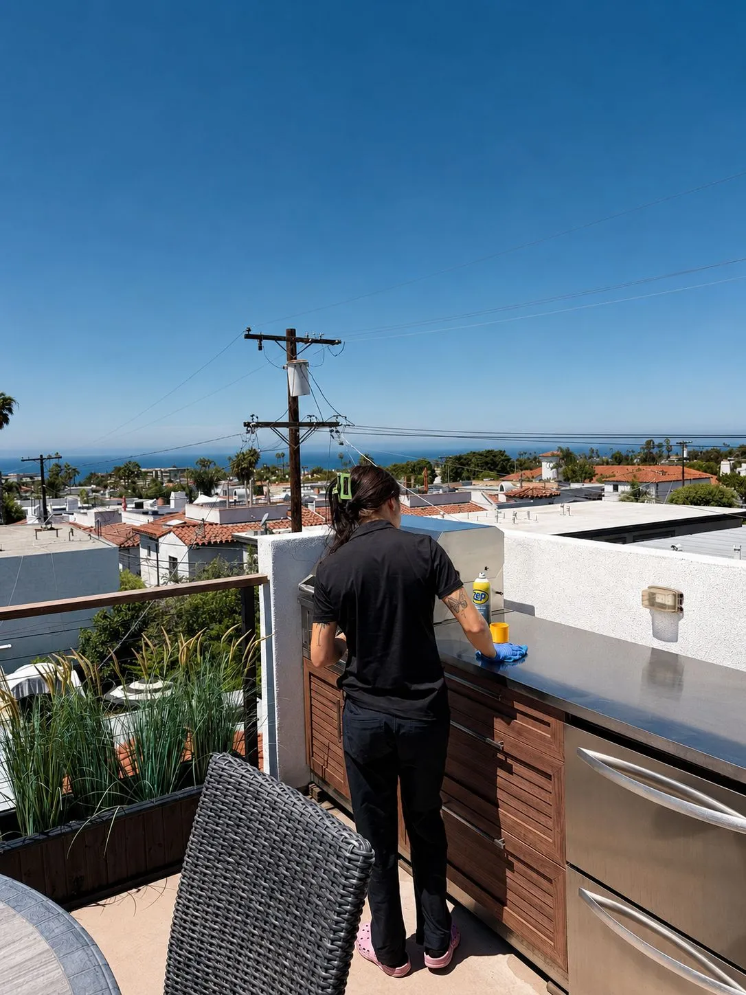 Gabby detailing a rooftop outdoor kitchen with an ocean view in San Clemente