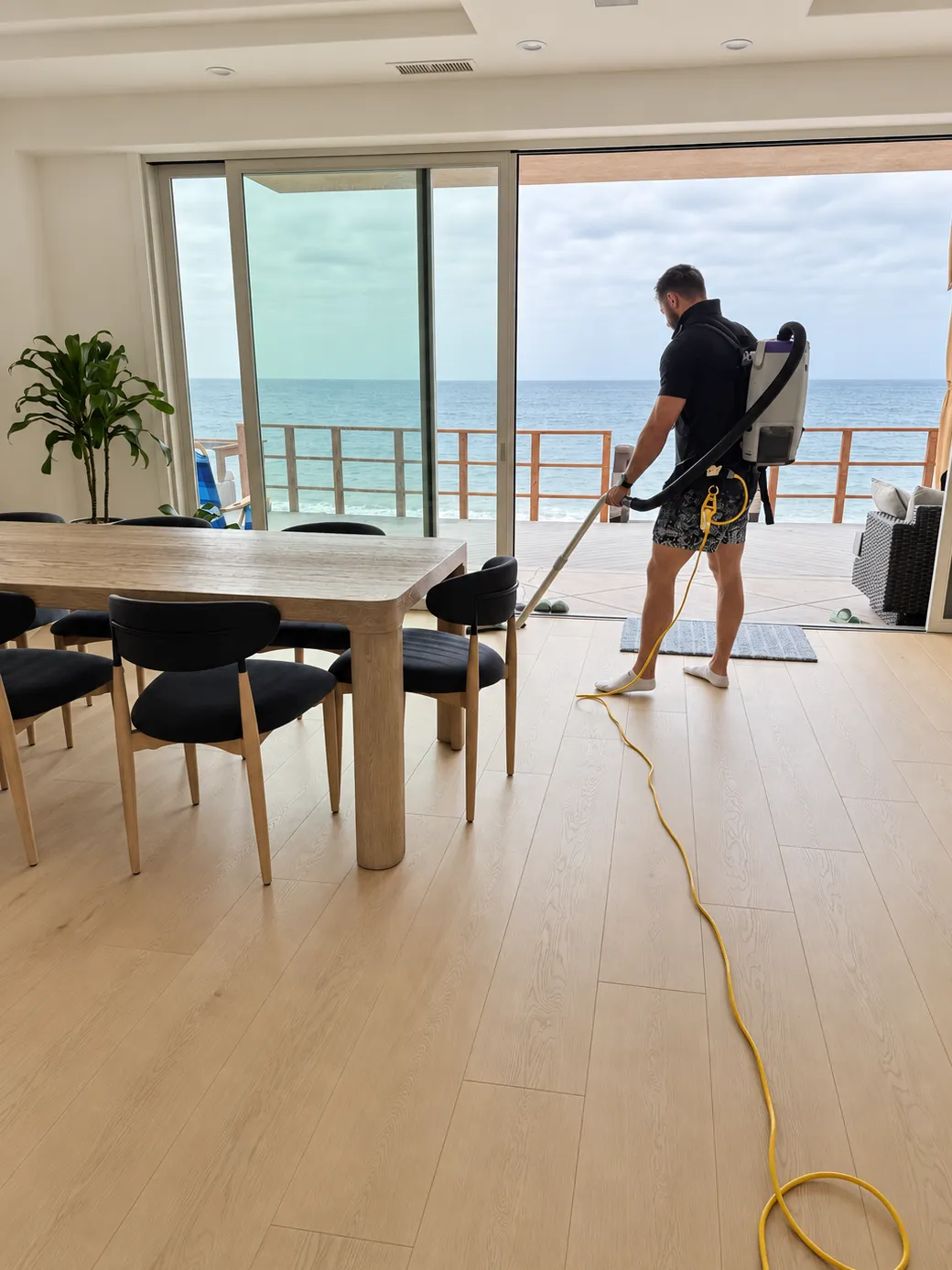 Paul backpack-vacuuming hardwood floors beside an oceanfront deck in Dana Point